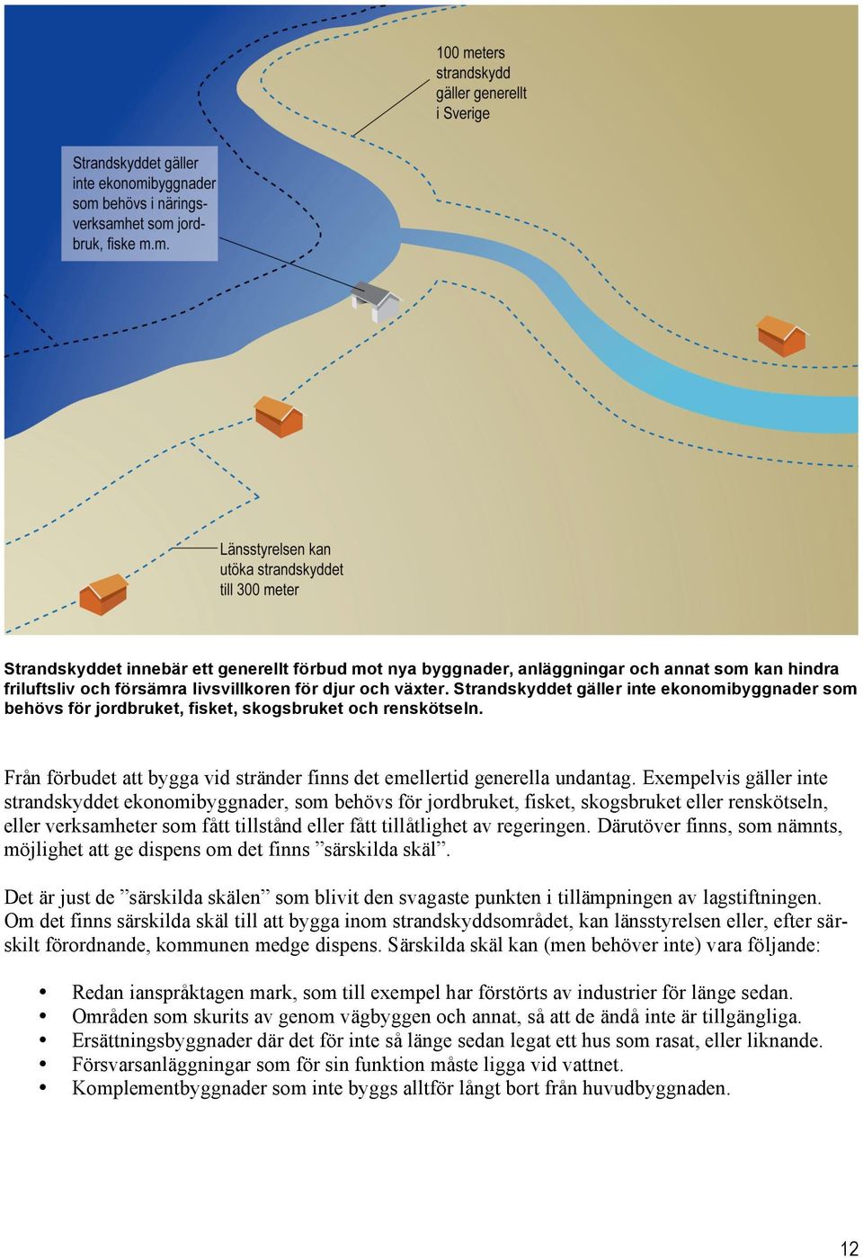 Exempelvis gäller inte strandskyddet ekonomibyggnader, som behövs för jordbruket, fisket, skogsbruket eller renskötseln, eller verksamheter som fått tillstånd eller fått tillåtlighet av regeringen.