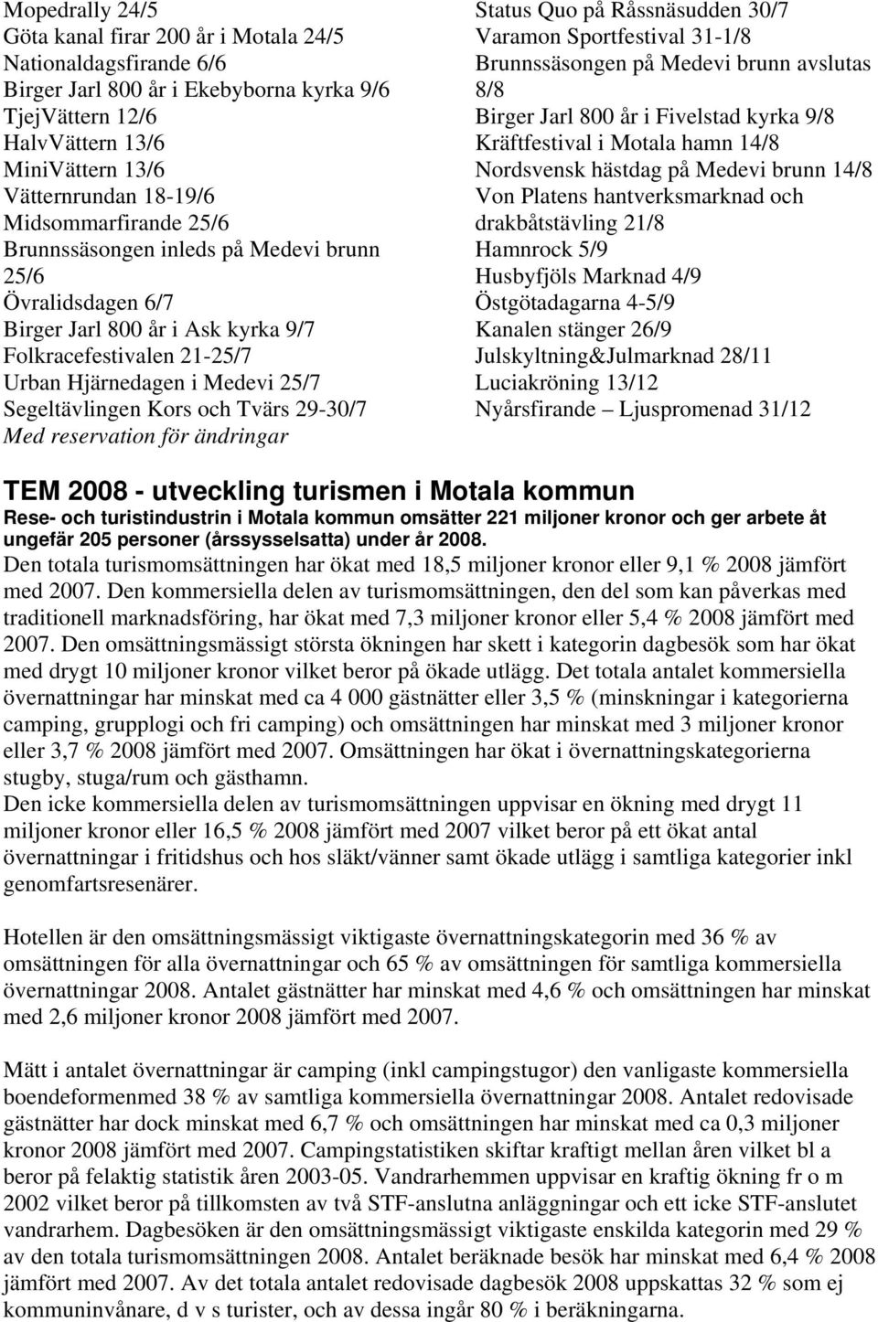 och Tvärs 29-30/7 Med reservation för ändringar Status Quo på Råssnäsudden 30/7 Varamon Sportfestival 31-1/8 Brunnssäsongen på Medevi brunn avslutas 8/8 Birger Jarl 800 år i Fivelstad kyrka 9/8