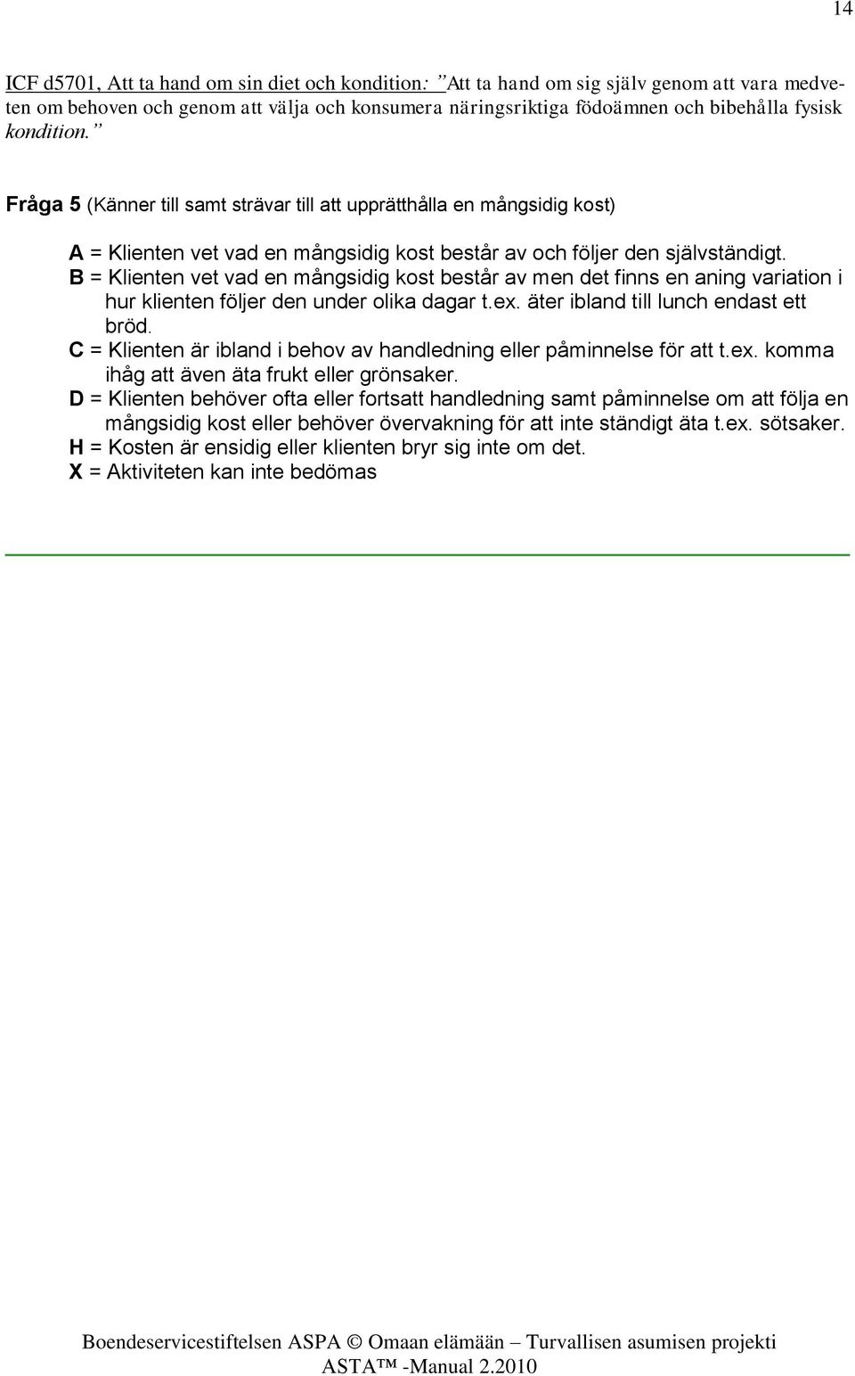 B = Klienten vet vad en mångsidig kost består av men det finns en aning variation i hur klienten följer den under olika dagar t.ex. äter ibland till lunch endast ett bröd.