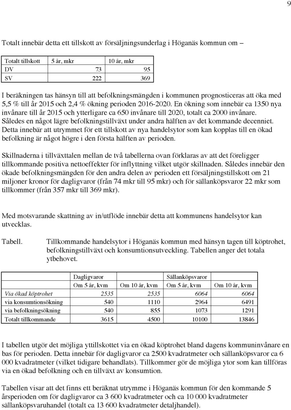 En ökning som innebär ca 1350 nya invånare till år 2015 och ytterligare ca 650 invånare till 2020, totalt ca 2000 invånare.