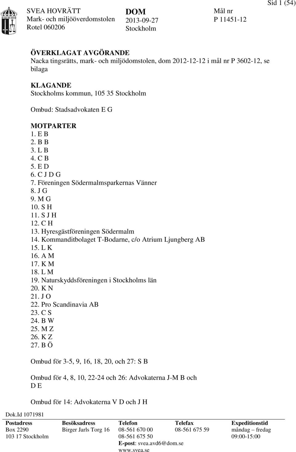 MOTPARTER 1. E B 2. B B 3. L B 4. C B 5. E D 6. C J D G 7. Föreningen Södermalmsparkernas Vänner 8. J G 9. M G 10. S H 11. S J H 12. C H 13. Hyresgästföreningen Södermalm 14.