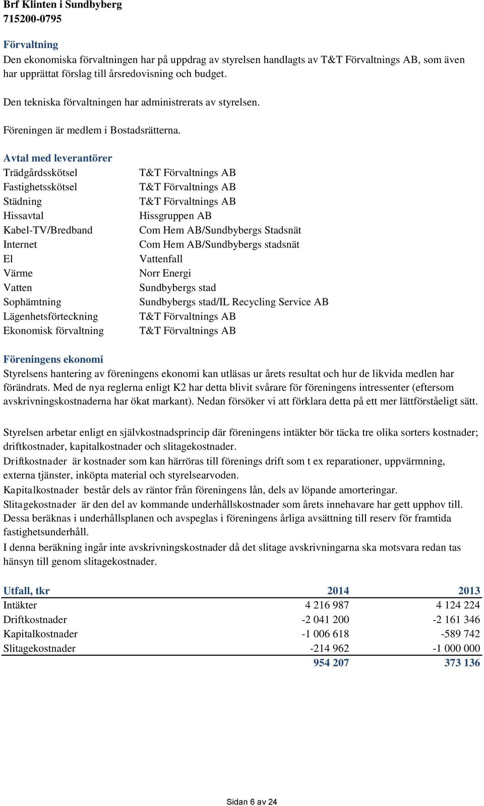 Avtal med leverantörer Trädgårdsskötsel Fastighetsskötsel Städning Hissavtal Kabel-TV/Bredband Internet El Värme Vatten Sophämtning Lägenhetsförteckning Ekonomisk förvaltning T&T Förvaltnings AB T&T