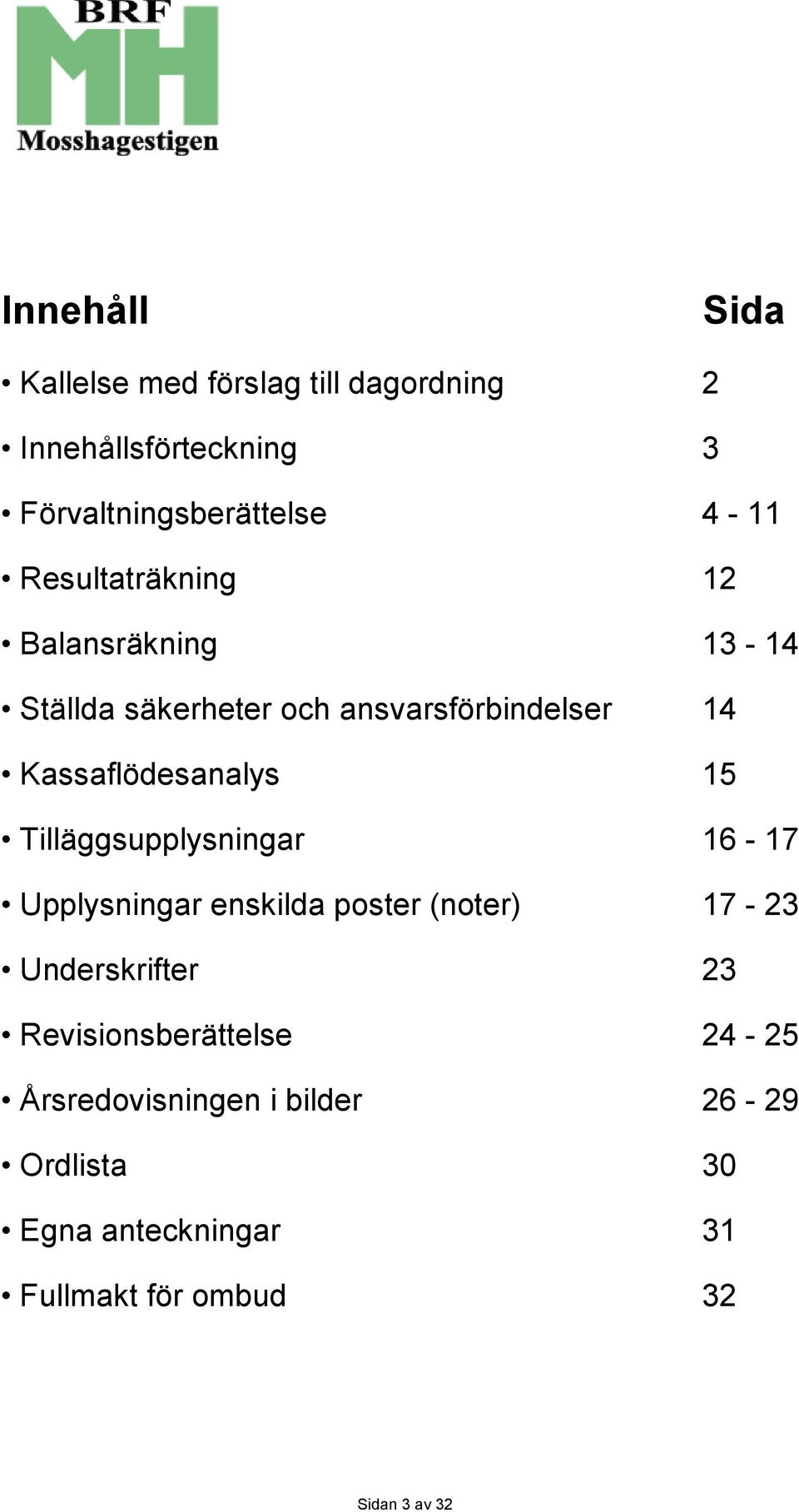 Tilläggsupplysningar 16-17 Upplysningar enskilda poster (noter) 17-23 Underskrifter 23