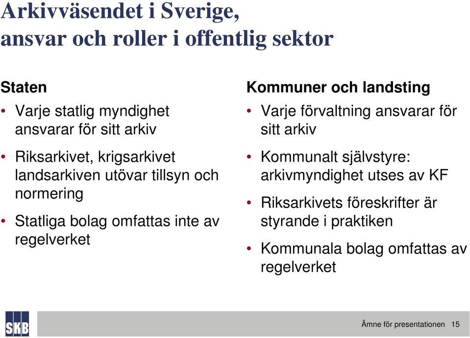 regelverket Kommuner och landsting Varje förvaltning ansvarar för sitt arkiv Kommunalt självstyre: arkivmyndighet