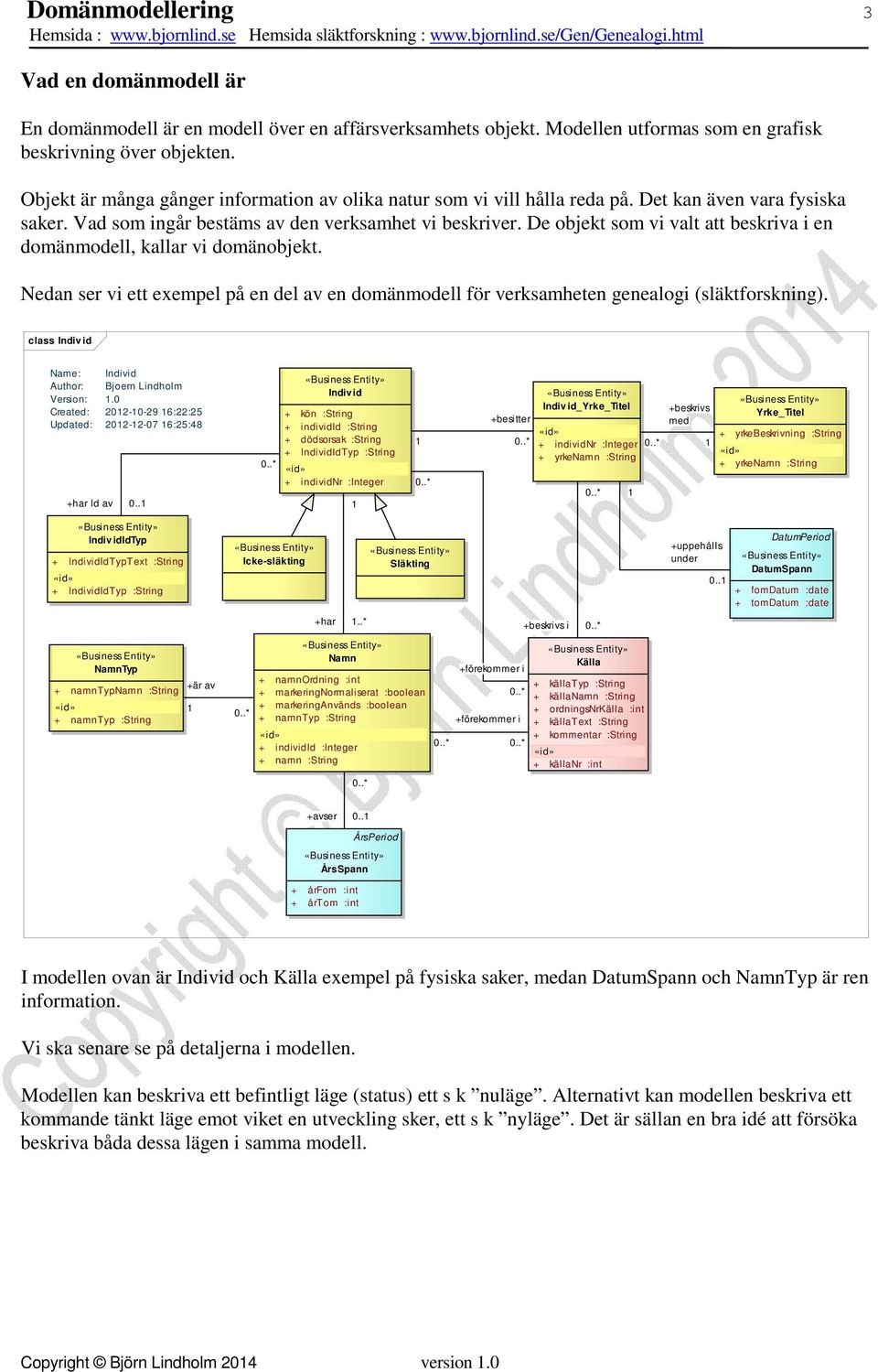 De objekt som vi valt att beskriva i en domänmodell, kallar vi domänobjekt. Nedan ser vi ett exempel på en del av en domänmodell för verksamheten genealogi (släktforskning).