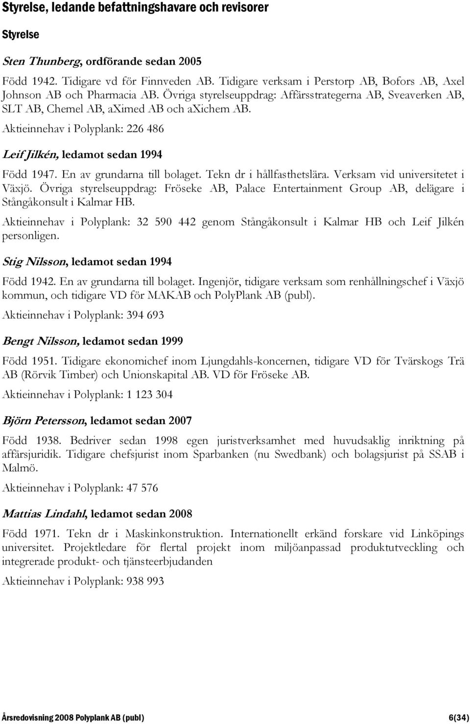 Aktieinnehav i Polyplank: 226 486 Leif Jilkén, ledamot sedan 1994 Född 1947. En av grundarna till bolaget. Tekn dr i hållfasthetslära. Verksam vid universitetet i Växjö.