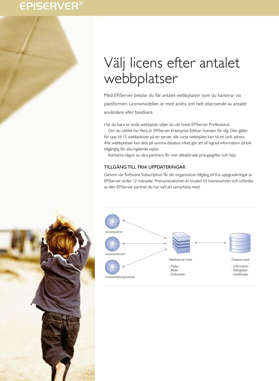 Om du istället har flera är EPiServer Enterprise Edition licensen för dig. Den gäller för upp till 15 webbplatser på en server, där varje webbplats kan ha en unik adress.