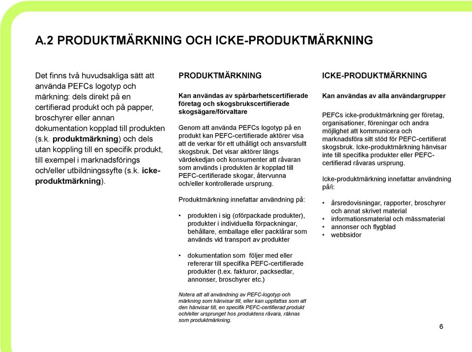 PRODUKTMÄRKNING Kan användas av spårbarhetscertifierade företag och skogsbrukscertifierade skogsägare/förvaltare Genom att använda PEFCs logotyp på en produkt kan PEFC-certifierade aktörer visa att