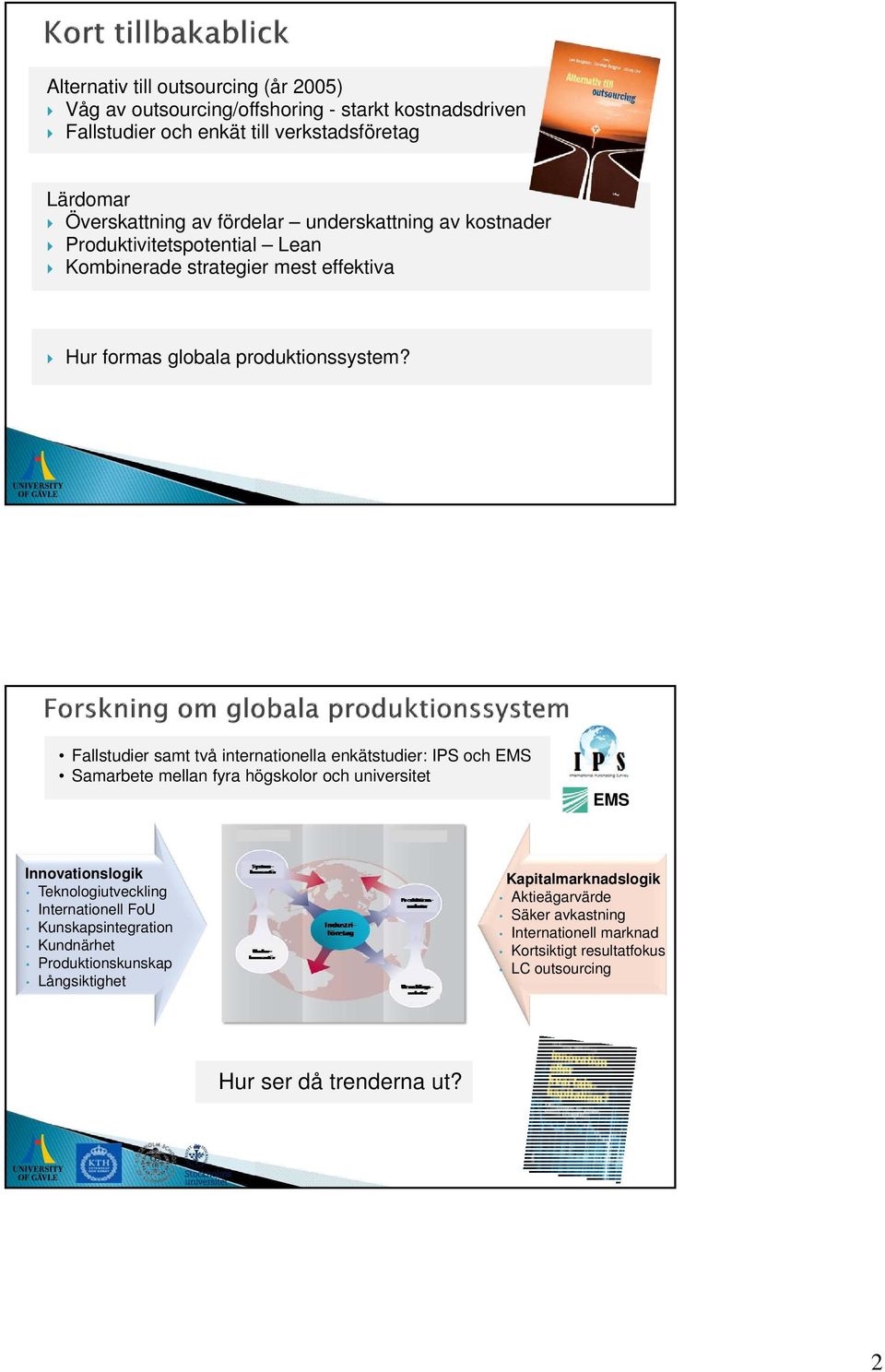 Fallstudier samt två internationella enkätstudier: IPS och EMS Samarbete mellan fyra högskolor och universitet EMS Innovationslogik Teknologiutveckling Internationell FoU