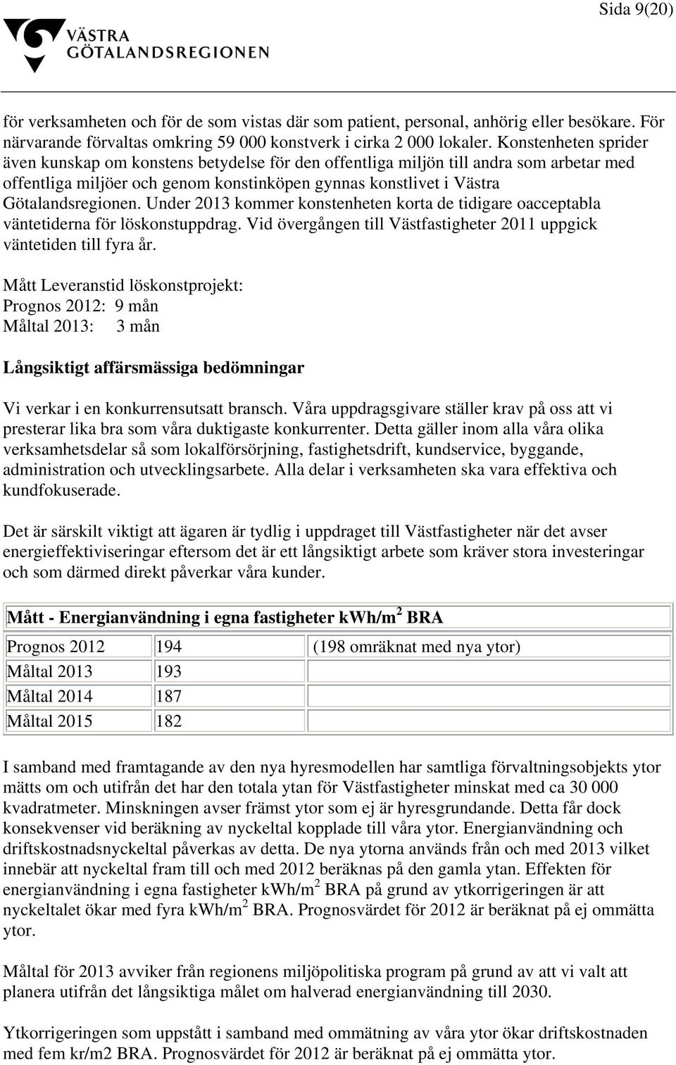 Under 2013 kommer konstenheten korta de tidigare oacceptabla väntetiderna för löskonstuppdrag. Vid övergången till Västfastigheter 2011 uppgick väntetiden till fyra år.