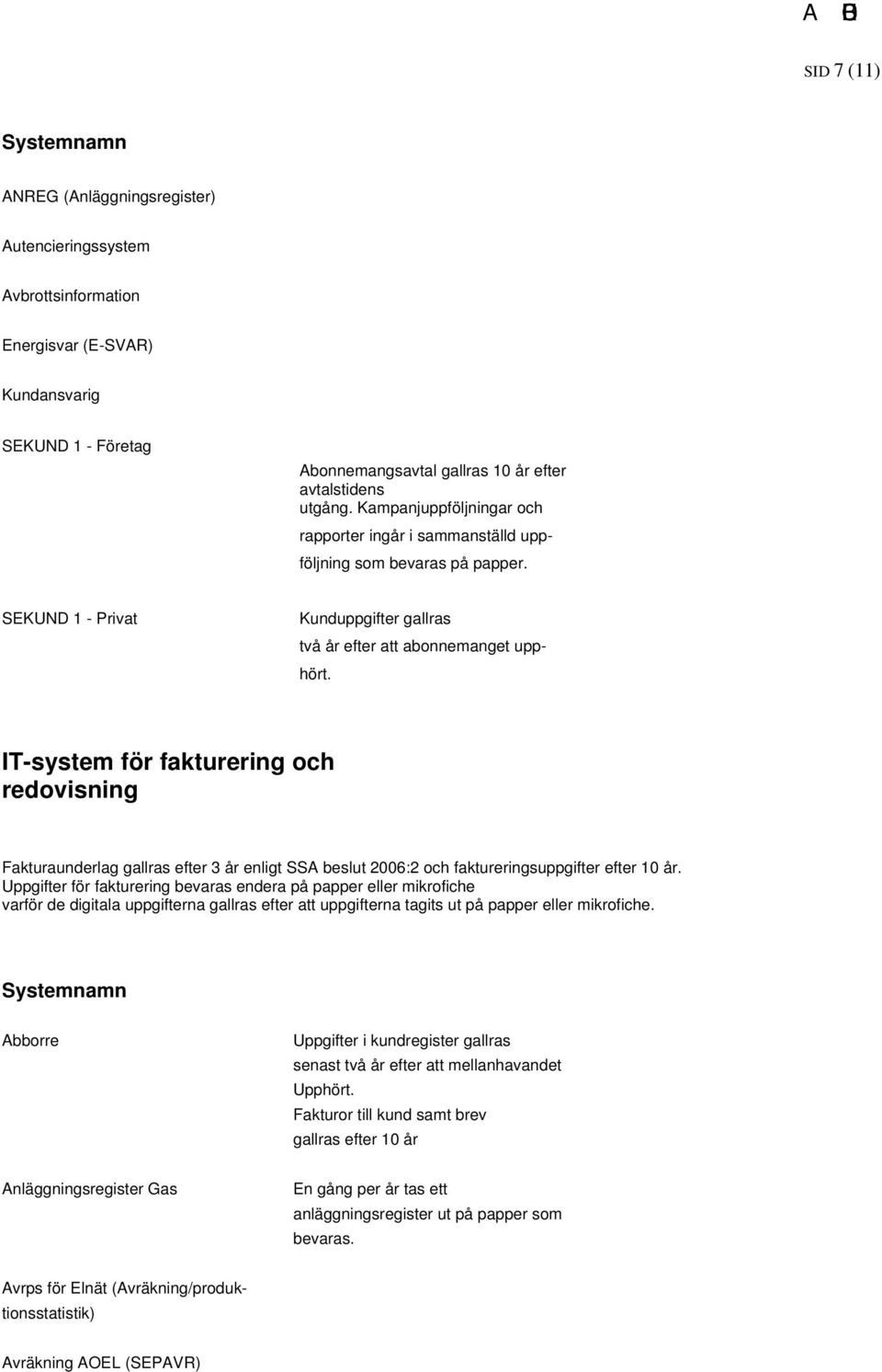 IT-system för fakturering och redovisning Fakturaunderlag gallras efter 3 år enligt SSA beslut 2006:2 och faktureringsuppgifter efter 10 år.