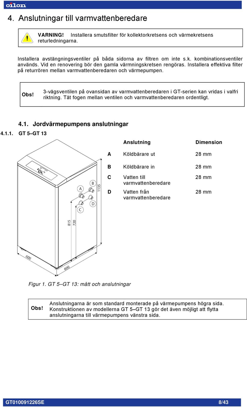 3-vägsventilen på ovansidan av varmvattenberedaren i GT-serien kan vridas i valfri riktning. Tät fogen mellan ventilen och varmvattenberedaren ordentligt. 4.1.