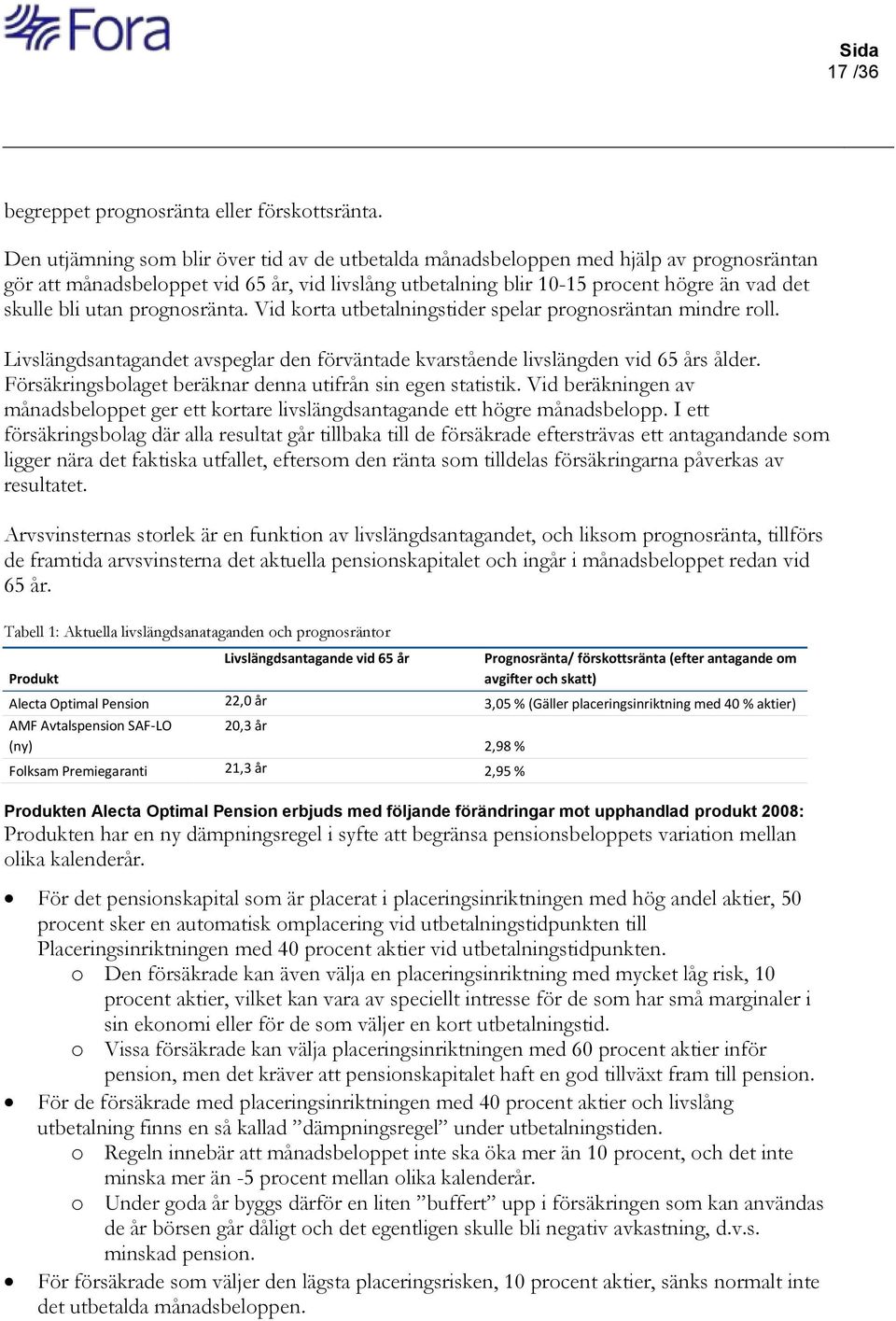 utan prognosränta. Vid korta utbetalningstider spelar prognosräntan mindre roll. Livslängdsantagandet avspeglar den förväntade kvarstående livslängden vid 65 års ålder.