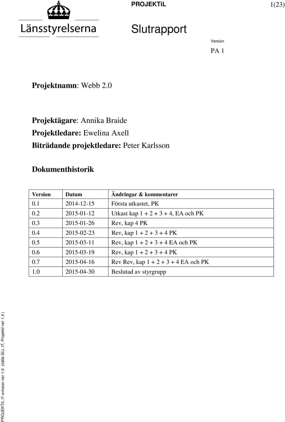 kommentarer 0.1 2014-12-15 Första utkastet, PK 0.2 2015-01-12 Utkast kap 1 + 2 + 3 + 4, EA och PK 0.3 2015-01-26 Rev, kap 4 PK 0.