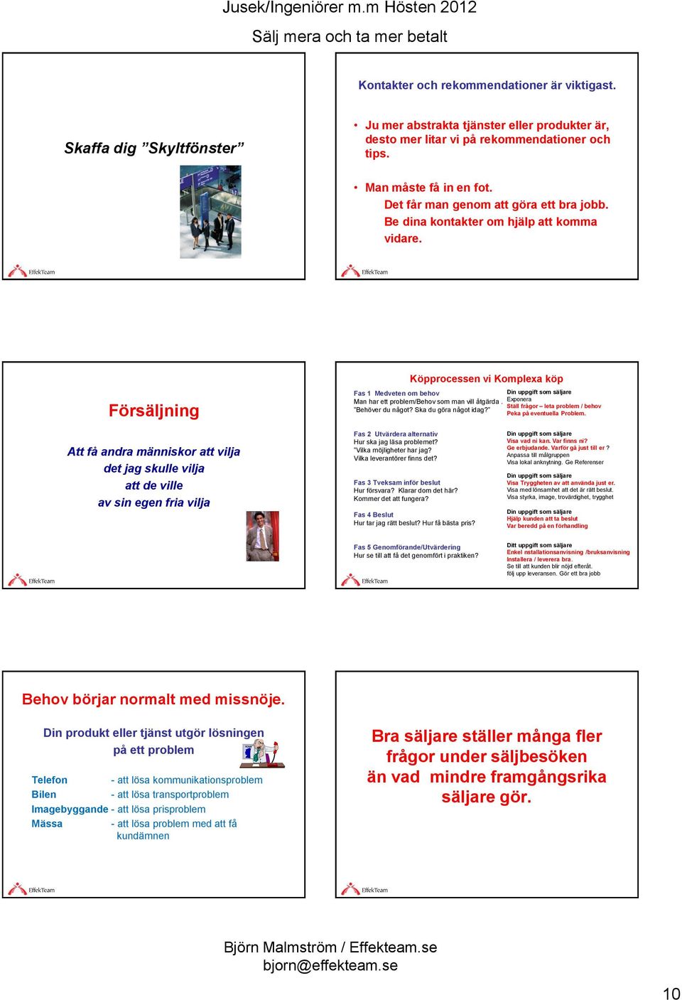 Köpprocessen vi Komplexa köp Försäljning Fas 1 Medveten om behov Din uppgift som säljare Man har ett problem/behov som man vill åtgärda. Exponera Ställ frågor leta problem / behov Behöver du något?