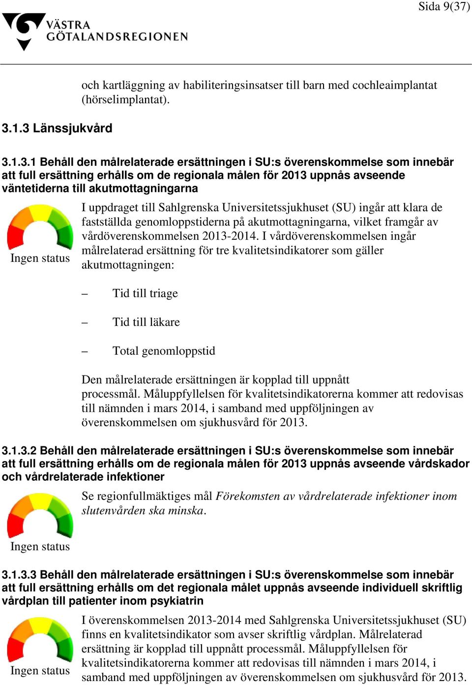 full ersättning erhålls om de regionala målen för 2013 uppnås avseende väntetiderna till akutmottagningarna Ingen status I uppdraget till Sahlgrenska Universitetssjukhuset (SU) ingår att klara de