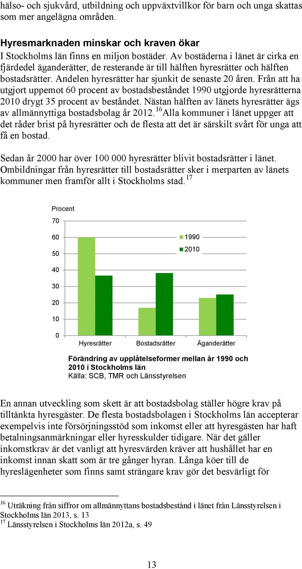 Från att ha utgjort uppemot 60 procent av bostadsbeståndet 1990 utgjorde hyresrätterna 2010 drygt 35 procent av beståndet.