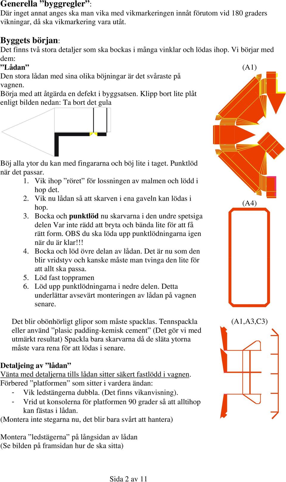 Börja med att åtgärda en defekt i byggsatsen. Klipp bort lite plåt enligt bilden nedan: Ta bort det gula Böj alla ytor du kan med fingararna och böj lite i taget. Punktlöd när det passar. 1.