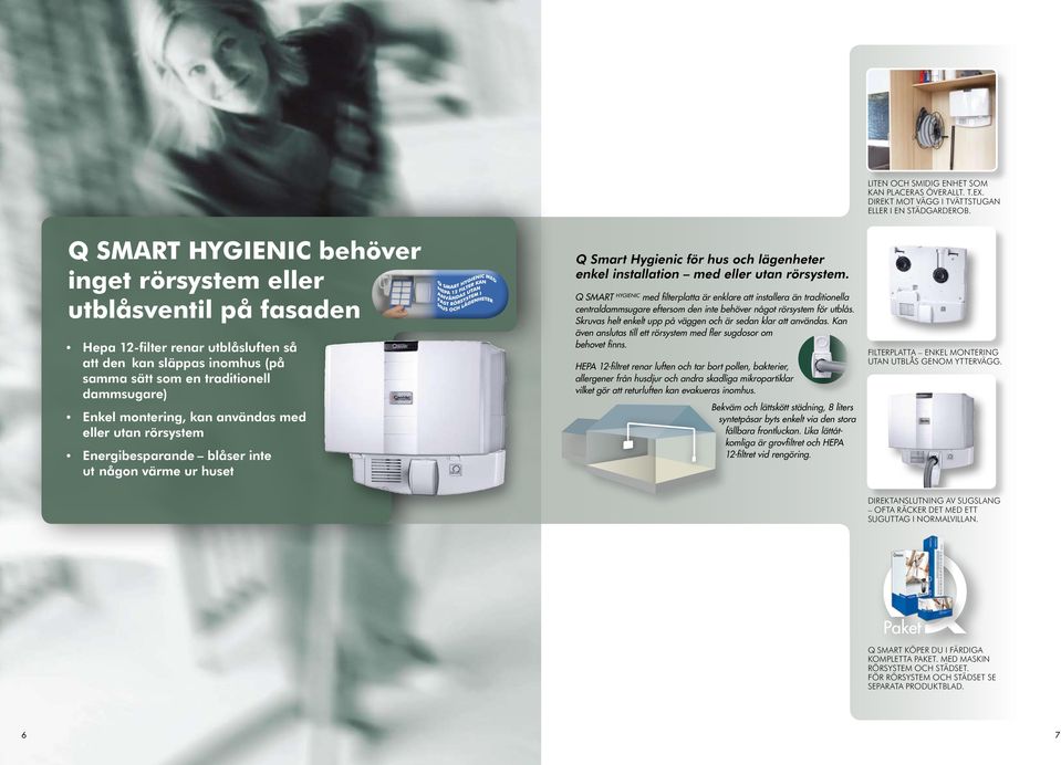 kan användas med eller utan rörsystem Energibesparande blåser inte ut någon värme ur huset Q Smart Hygienic för hus och lägenheter enkel installation med eller utan rörsystem.