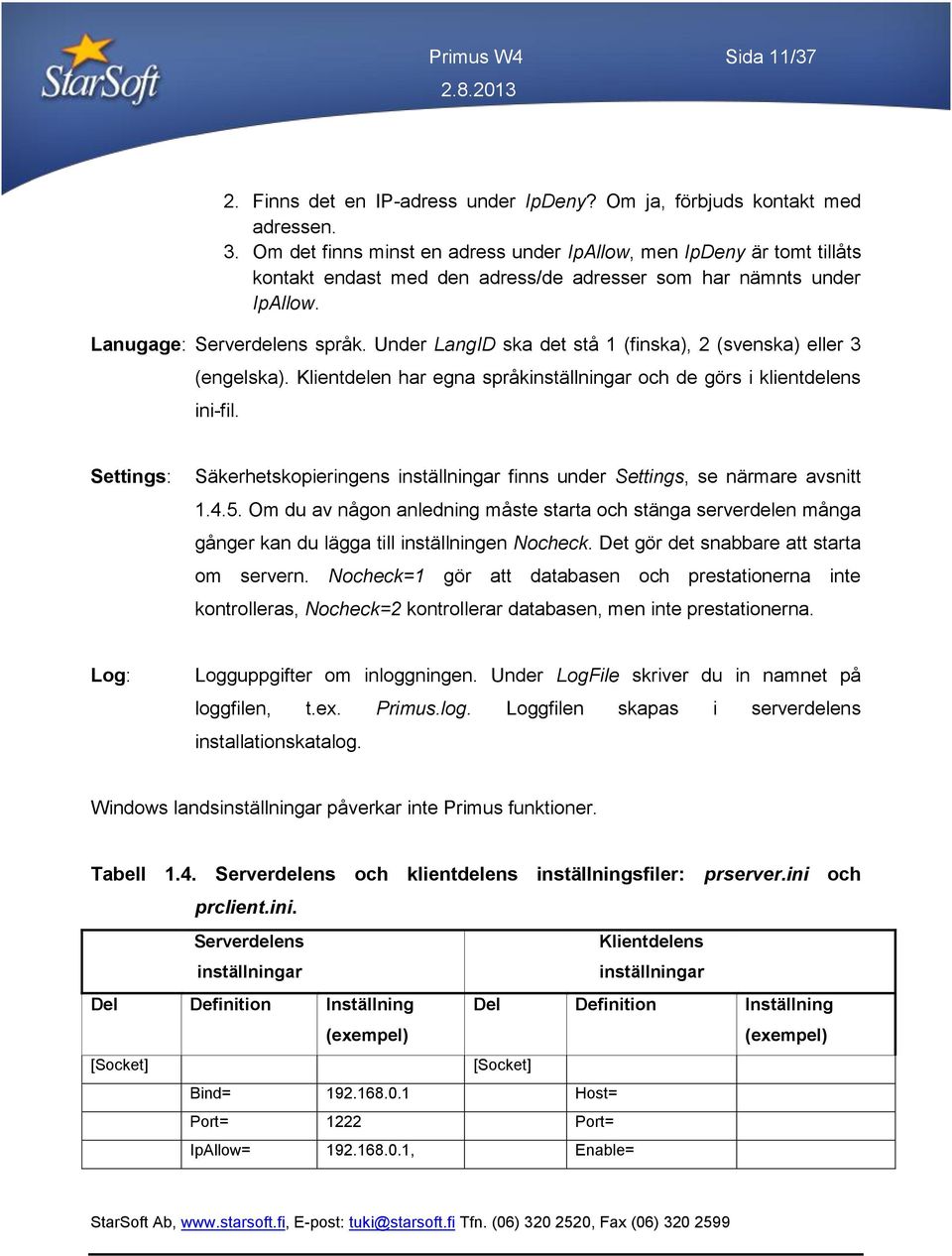 Under LangID ska det stå 1 (finska), 2 (svenska) eller 3 (engelska). Klientdelen har egna språkinställningar och de görs i klientdelens ini-fil.