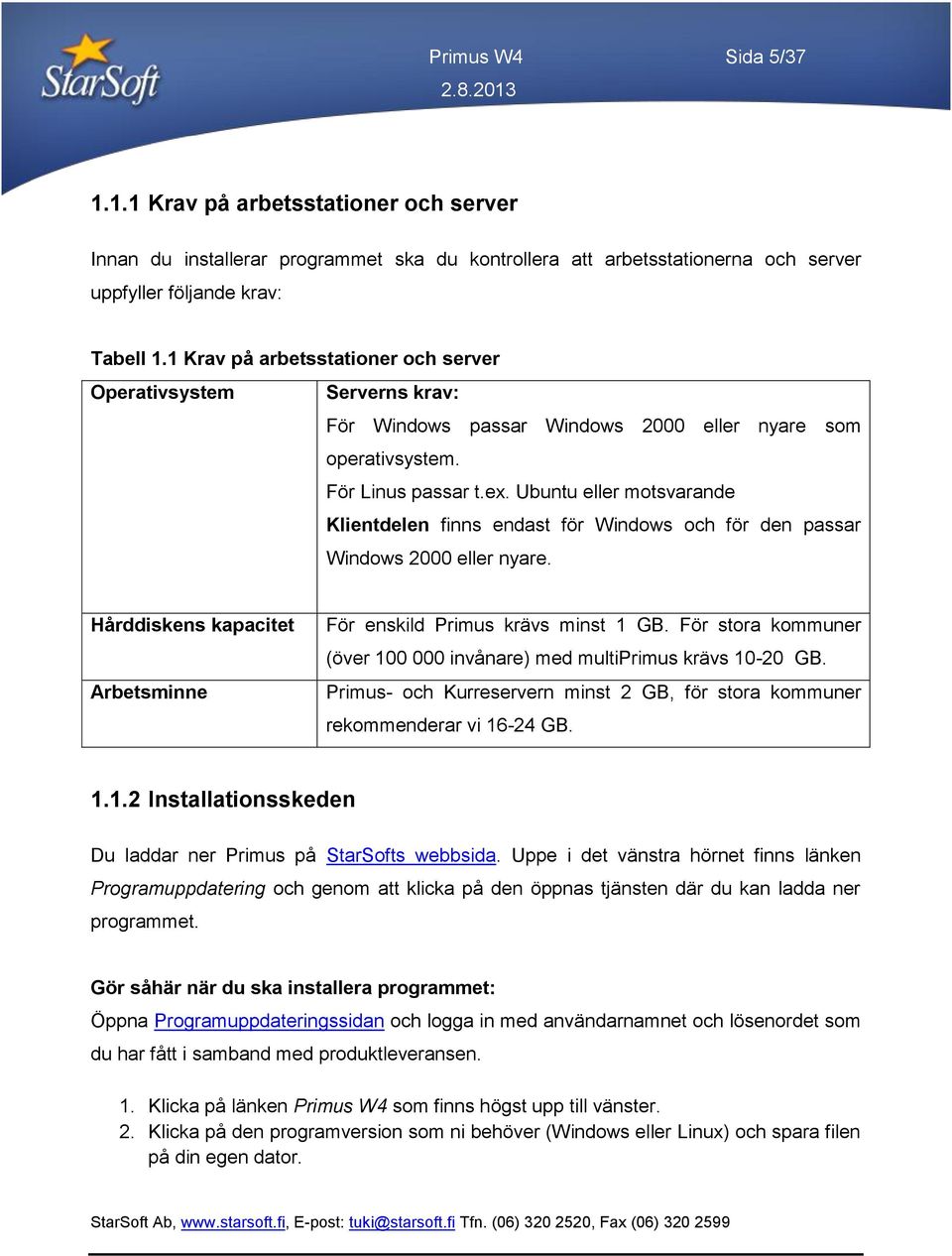 Ubuntu eller motsvarande Klientdelen finns endast för Windows och för den passar Windows 2000 eller nyare. Hårddiskens kapacitet Arbetsminne För enskild Primus krävs minst 1 GB.