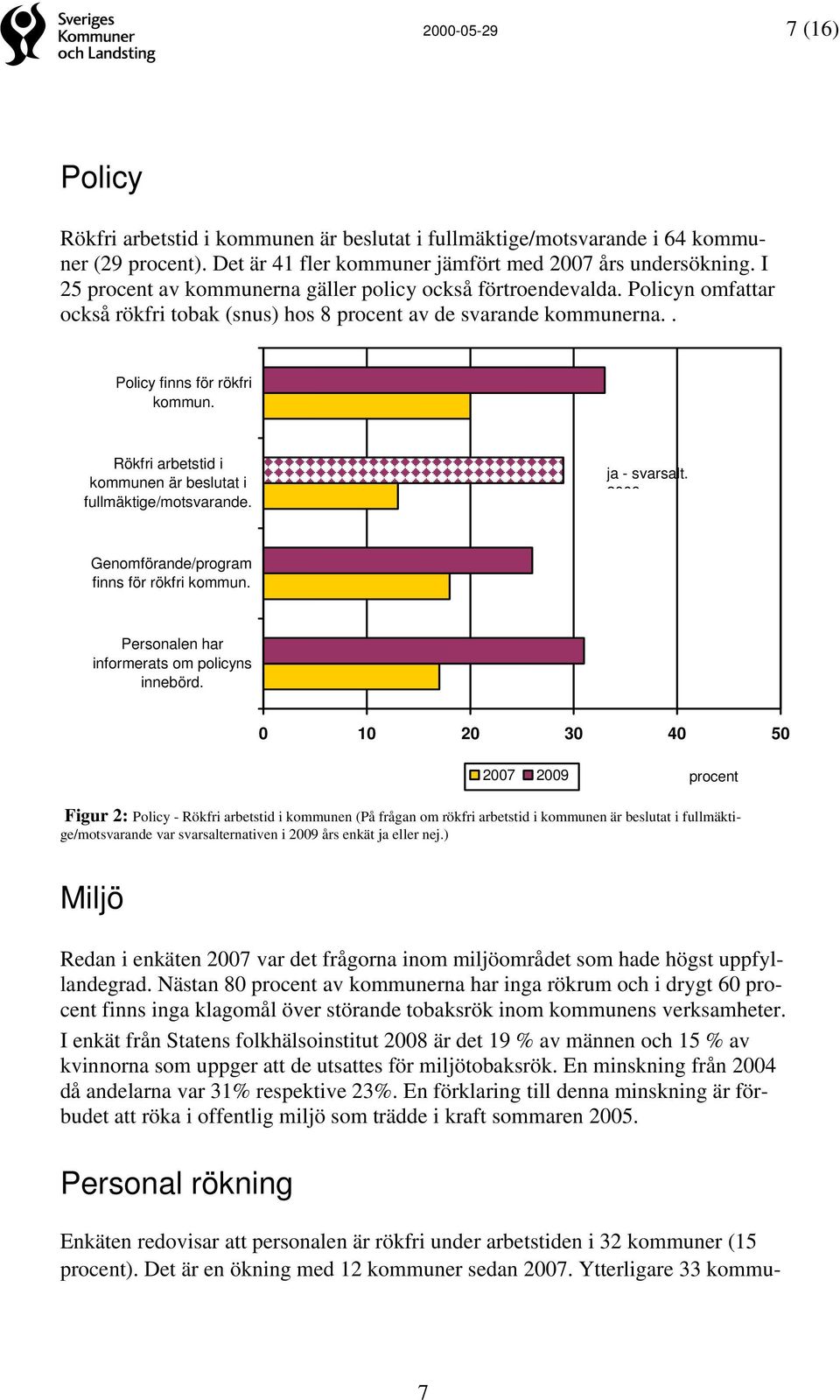 Rökfri arbetstid i kommunen är beslutat i fullmäktige/motsvarande. ja - svarsalt. 2009 Genomförande/program finns för rökfri kommun. Personalen har informerats om policyns innebörd.