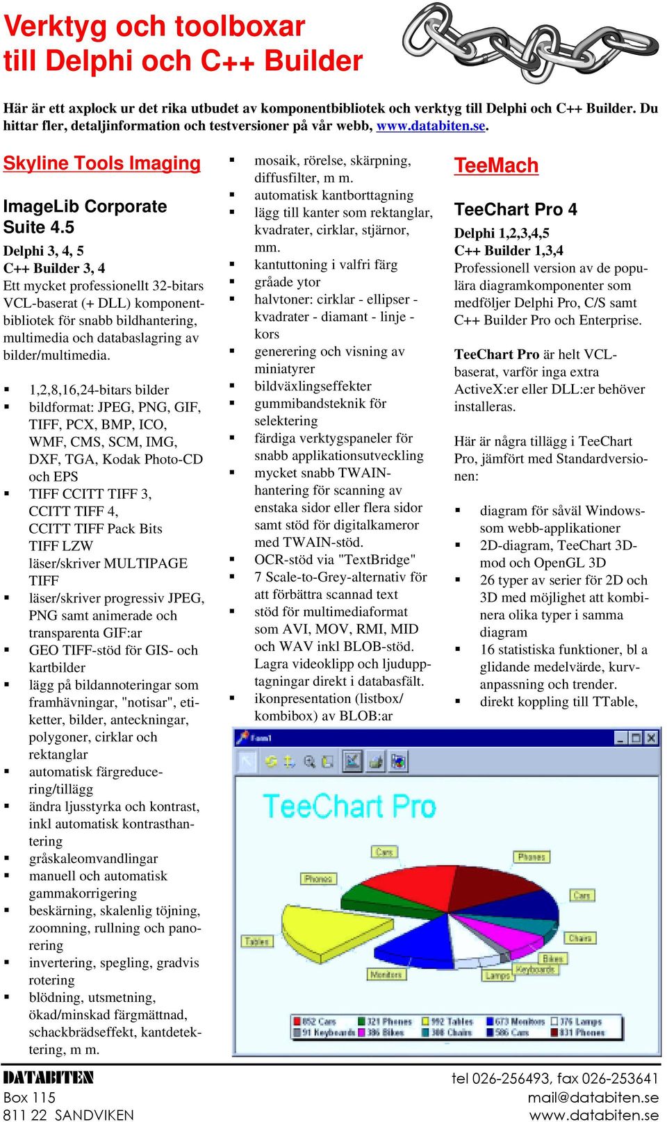 5 Delphi 3, 4, 5 C++ Builder 3, 4 Ett mycket professionellt 32-bitars VCL-baserat (+ DLL) komponentbibliotek för snabb bildhantering, multimedia och databaslagring av bilder/multimedia.