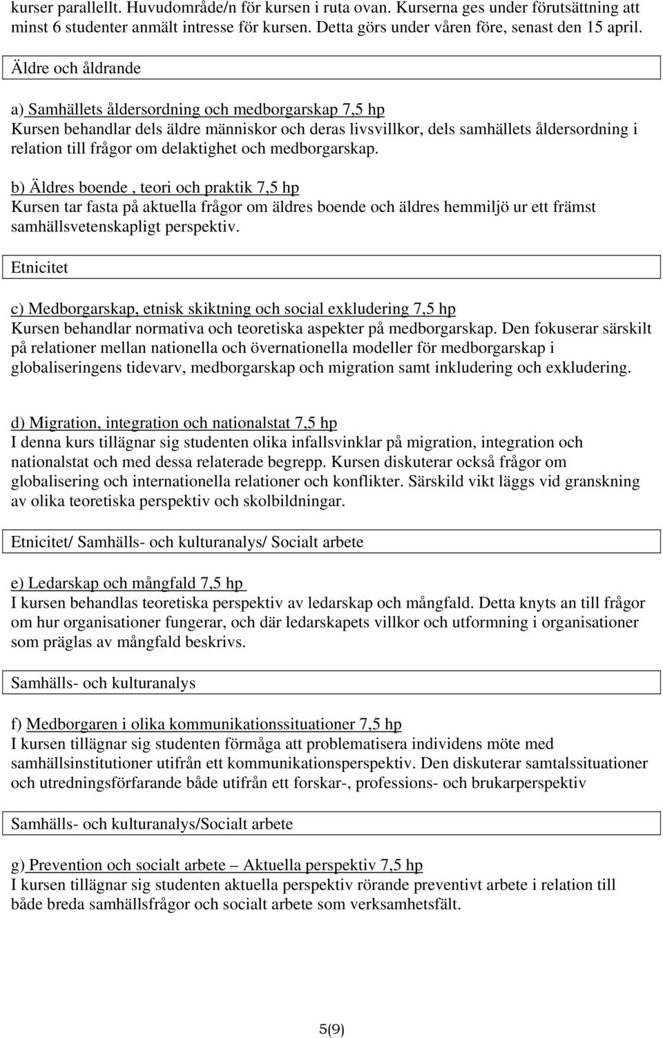 delaktighet och medborgarskap. b) Äldres boende, teori och praktik 7,5 hp Kursen tar fasta på aktuella frågor om äldres boende och äldres hemmiljö ur ett främst samhällsvetenskapligt perspektiv.