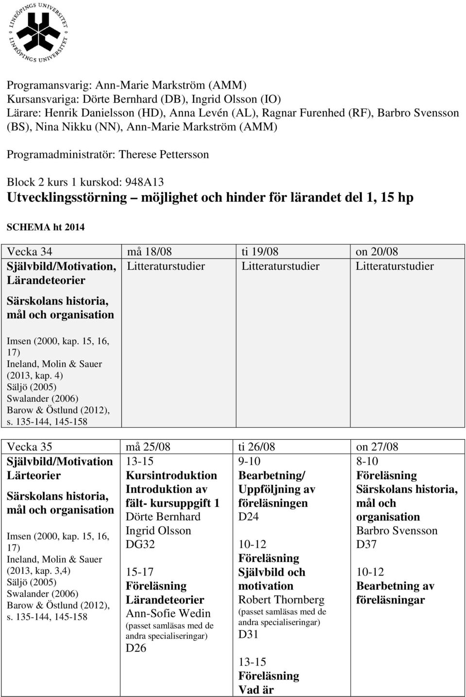 19/08 on 0/08 Självbild/Motivation, Lärandeteorier mål och organisation Imsen (000, kap. 15, 16, 17) (013, kap. 4) Säljö (005) Swalander (006) Barow & Östlund (01), s.