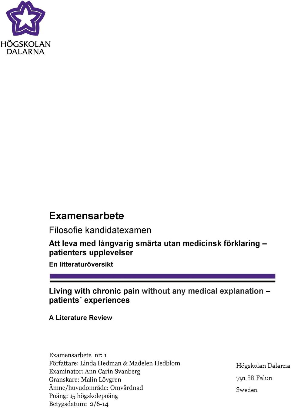 experiences A Literature Review Examensarbete nr: 1 Författare: Linda Hedman & Madelen Hedblom Examinator: