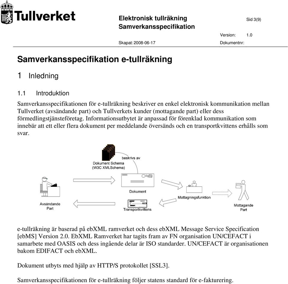 Informationsutbytet är anpassad för förenklad kommunikation som innebär att ett eller flera dokument per meddelande översänds och en transportkvittens erhålls som svar.