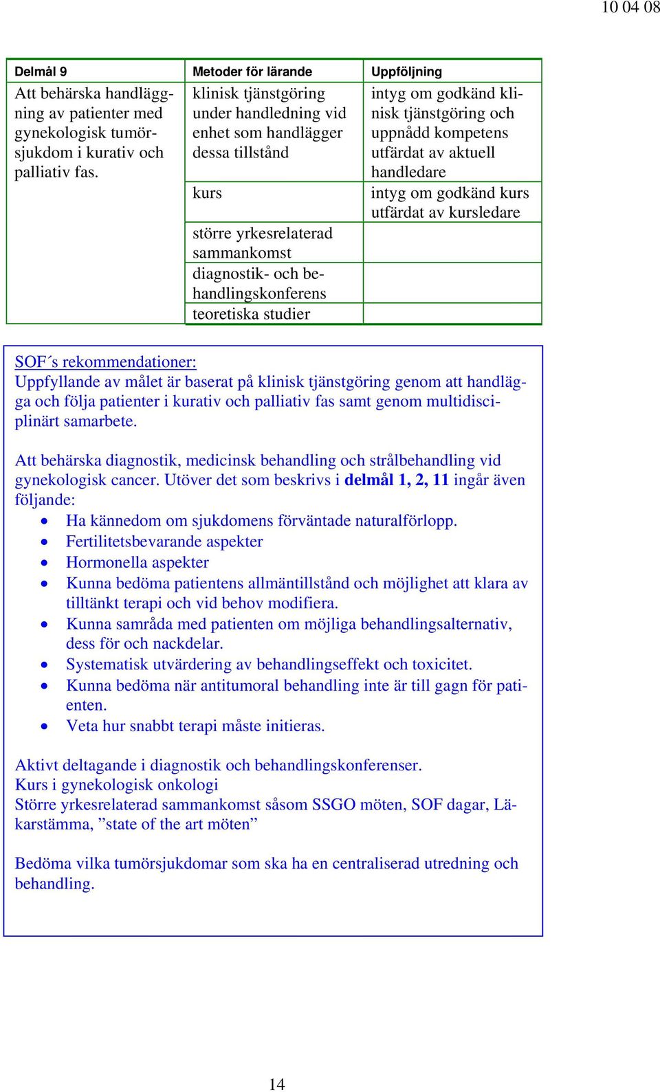 kurativ och palliativ fas samt genom multidisciplinärt samarbete. Att behärska diagnostik, medicinsk behandling och strålbehandling vid gynekologisk cancer.