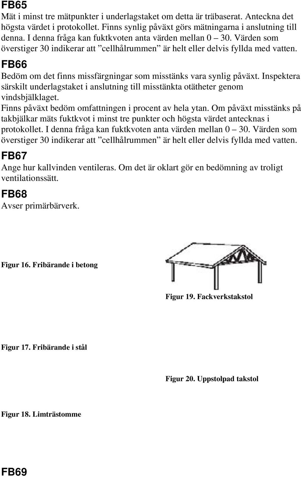 FB66 Bedöm om det finns missfärgningar som misstänks vara synlig påväxt. Inspektera särskilt underlagstaket i anslutning till misstänkta otätheter genom vindsbjälklaget.