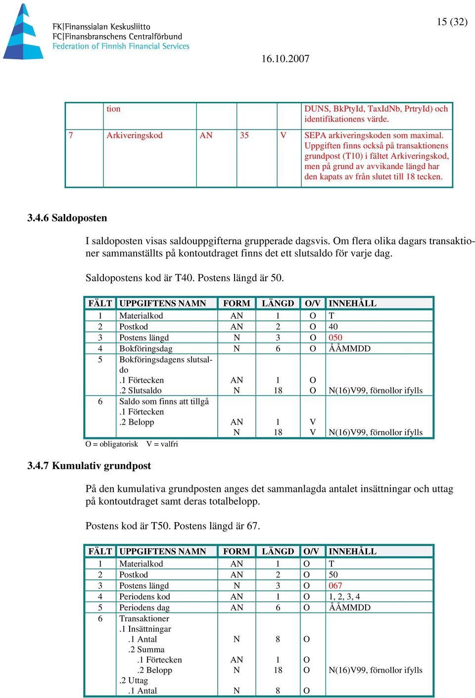 6 Saldoposten I saldoposten visas saldouppgifterna grupperade dagsvis. m flera olika dagars transaktioner sammanställts på kontoutdraget finns det ett slutsaldo för varje dag. Saldopostens kod är T40.