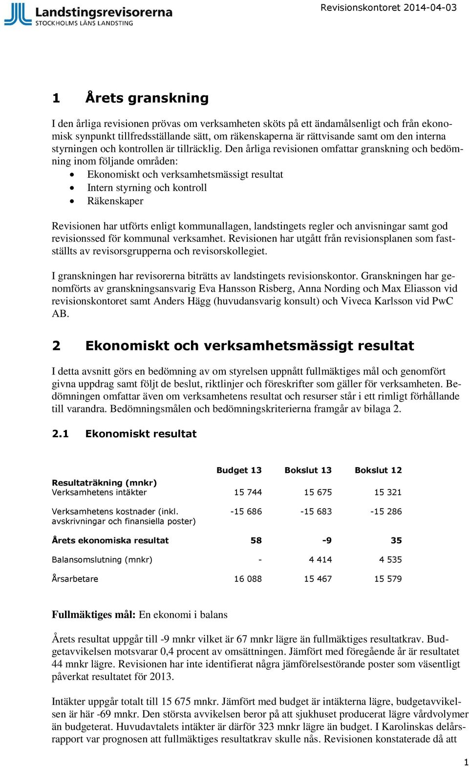 Den årliga revisionen omfattar granskning och bedömning inom följande områden: Ekonomiskt och verksamhetsmässigt resultat Intern styrning och kontroll Räkenskaper Revisionen har utförts enligt