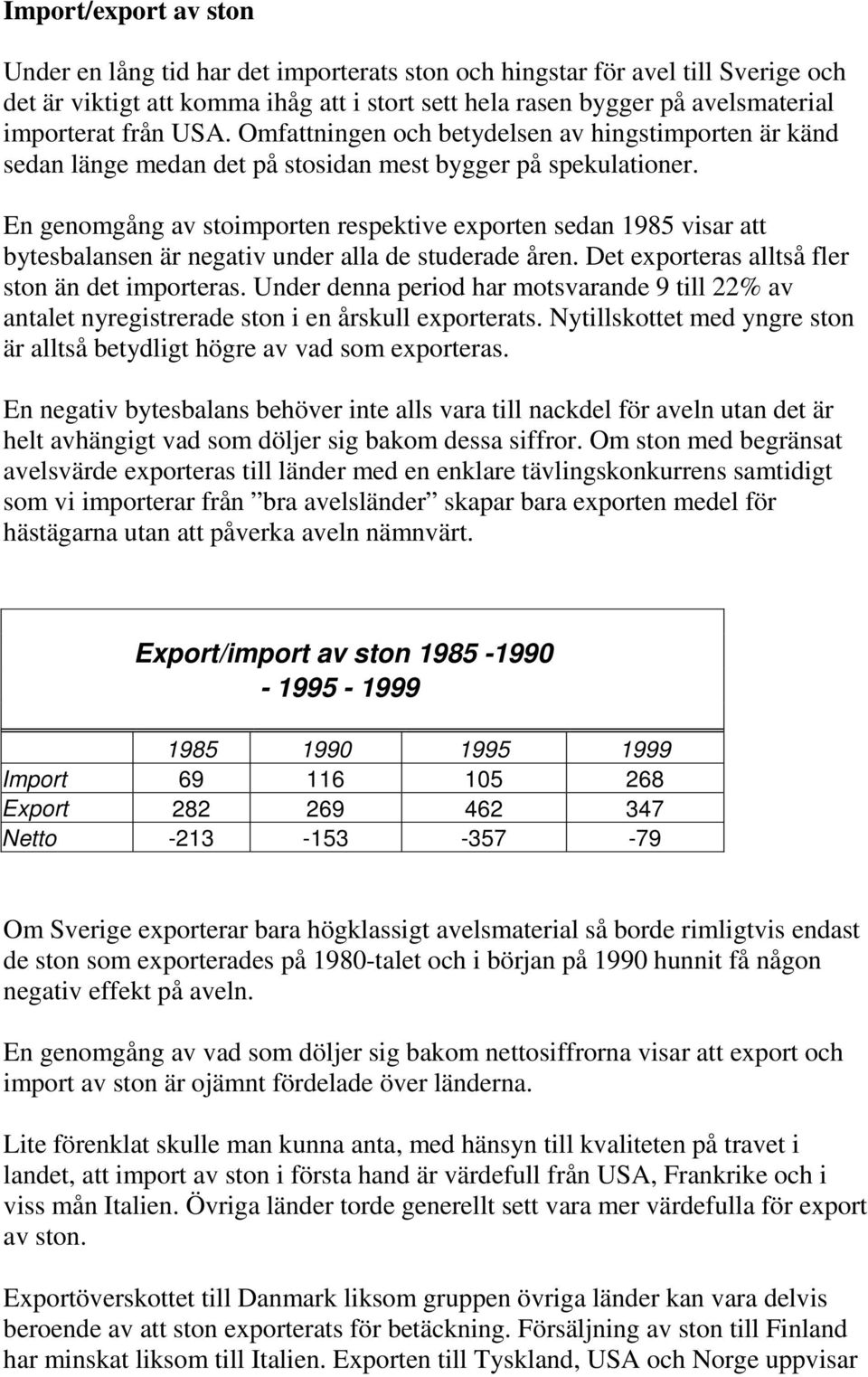 En genomgång av stoimporten respektive exporten sedan 1985 visar att bytesbalansen är negativ under alla de studerade åren. Det exporteras alltså fler ston än det importeras.