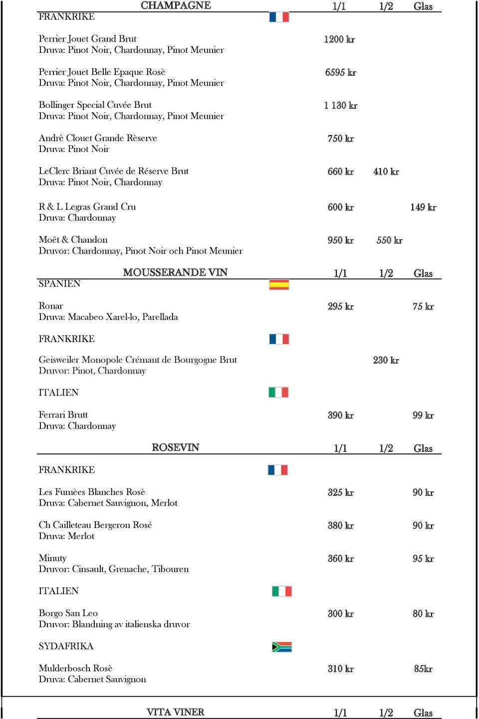 Noir, Chardonnay R & L Legras Grand Cru 600 kr 149 kr Moët & Chandon 950 kr 550 kr Druvor: Chardonnay, Pinot Noir och Pinot Meunier SPANIEN MOUSSERANDE VIN 1/1 1/2 Glas Ronar 295 kr 75 kr Druva: