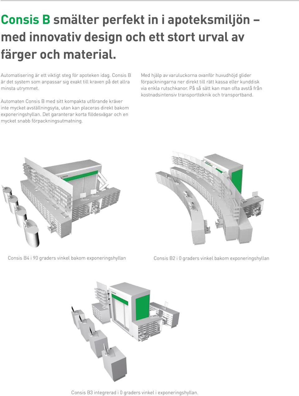 Automaten Consis B med sitt kompakta utförande kräver inte mycket avställningsyta, utan kan placeras direkt bakom exponeringshyllan.