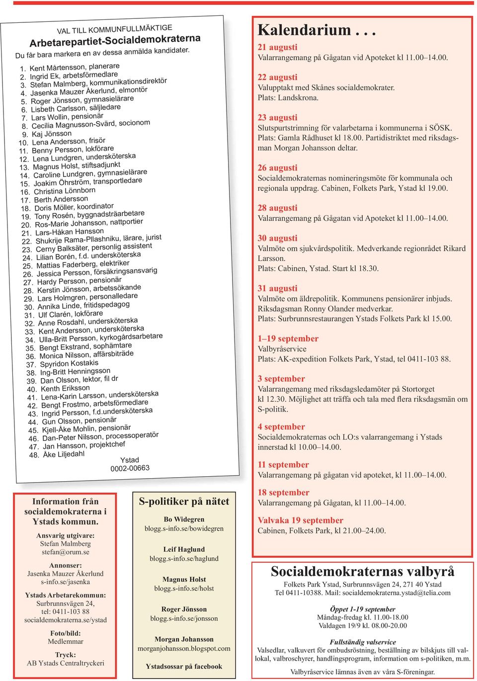 Cecilia Magnusson-Svärd, socionom 9. Kaj Jönsson 10. Lena Andersson, frisör 11. Benny Persson, lokförare 12. Lena Lundgren, undersköterska 13. Magnus Holst, stiftsadjunkt 14.