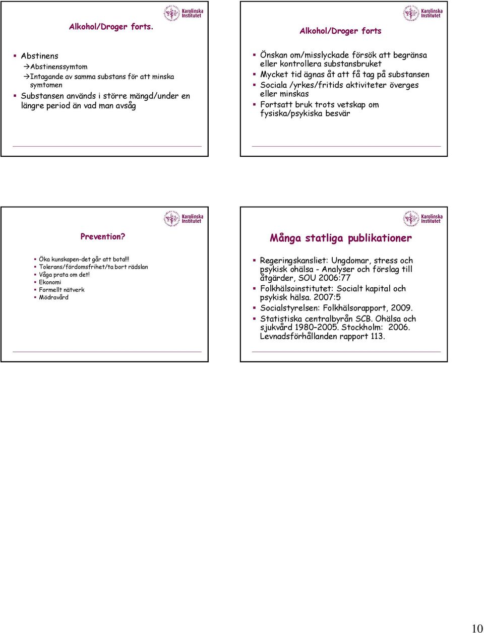 försök att begränsa eller kontrollera substansbruket Mycket tid ägnas åt att få tag på substansen Sociala /yrkes/fritids aktiviteter överges eller minskas Fortsatt bruk trots vetskap om