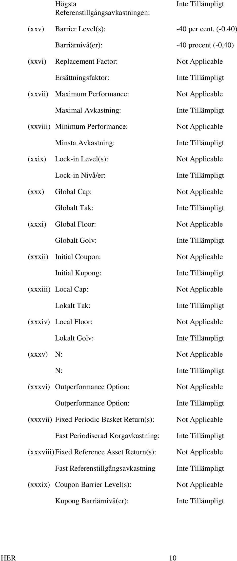 (xxix) Lock-in Level(s): Lock-in Nivå/er: (xxx) Global Cap: Globalt Tak: (xxxi) Global Floor: Globalt Golv: (xxxii) Initial Coupon: Initial Kupong: (xxxiii) Local Cap: Lokalt Tak: (xxxiv)