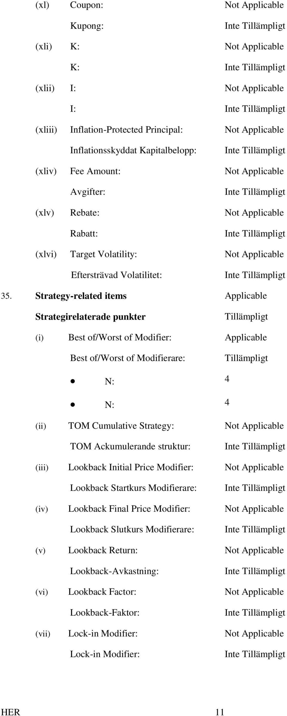 Strategy-related items Applicable Strategirelaterade punkter Tillämpligt (i) Best of/worst of Modifier: Applicable Best of/worst of Modifierare: Tillämpligt N: 4 N: 4 (ii) TOM