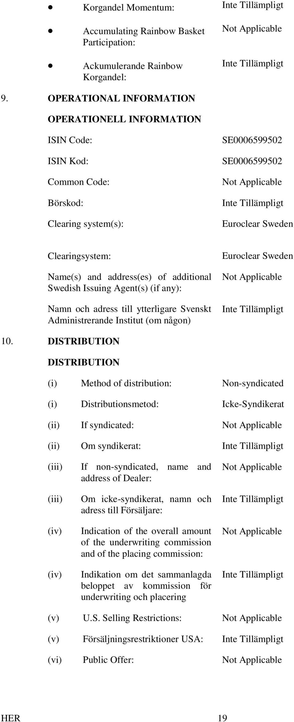 additional Swedish Issuing Agent(s) (if any): Namn och adress till ytterligare Svenskt Administrerande Institut (om någon) Euroclear Sweden 10.