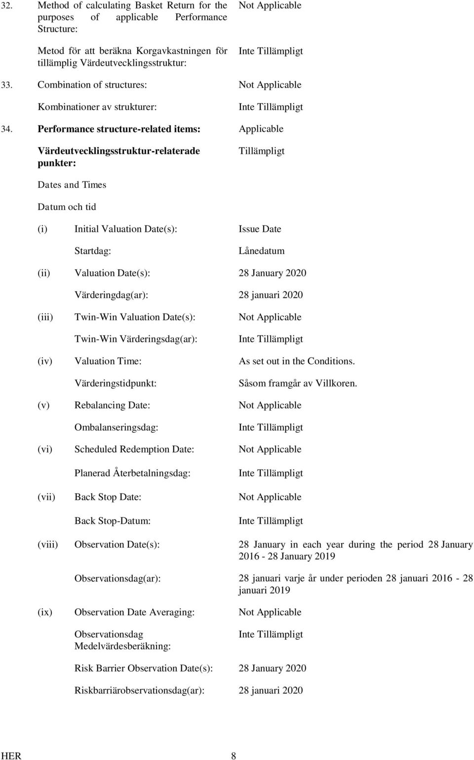 Performance structure-related items: Applicable Värdeutvecklingsstruktur-relaterade punkter: Tillämpligt Dates and Times Datum och tid (i) Initial Valuation Date(s): Issue Date Startdag: Lånedatum