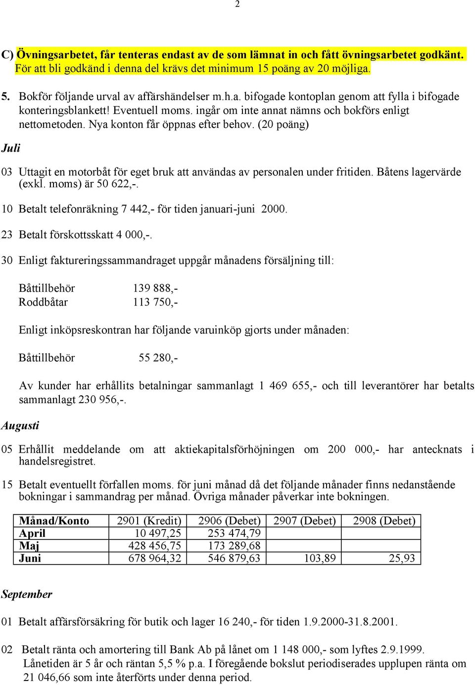 Nya konton får öppnas efter behov. (20 poäng) Juli 03 Uttagit en motorbåt för eget bruk att användas av personalen under fritiden. Båtens lagervärde (exkl. moms) är 50 622,-.