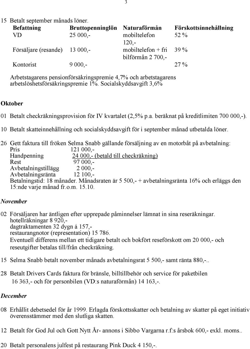 Arbetstagarens pensionförsäkringspremie 4,7% och arbetstagarens arbetslöshetsförsäkringspremie 1%. Socialskyddsavgift 3,6% Oktober 01 Betalt checkräkningsprovision för IV kvartalet (2,5% p.a. beräknat på kreditlimiten 700 000,-).