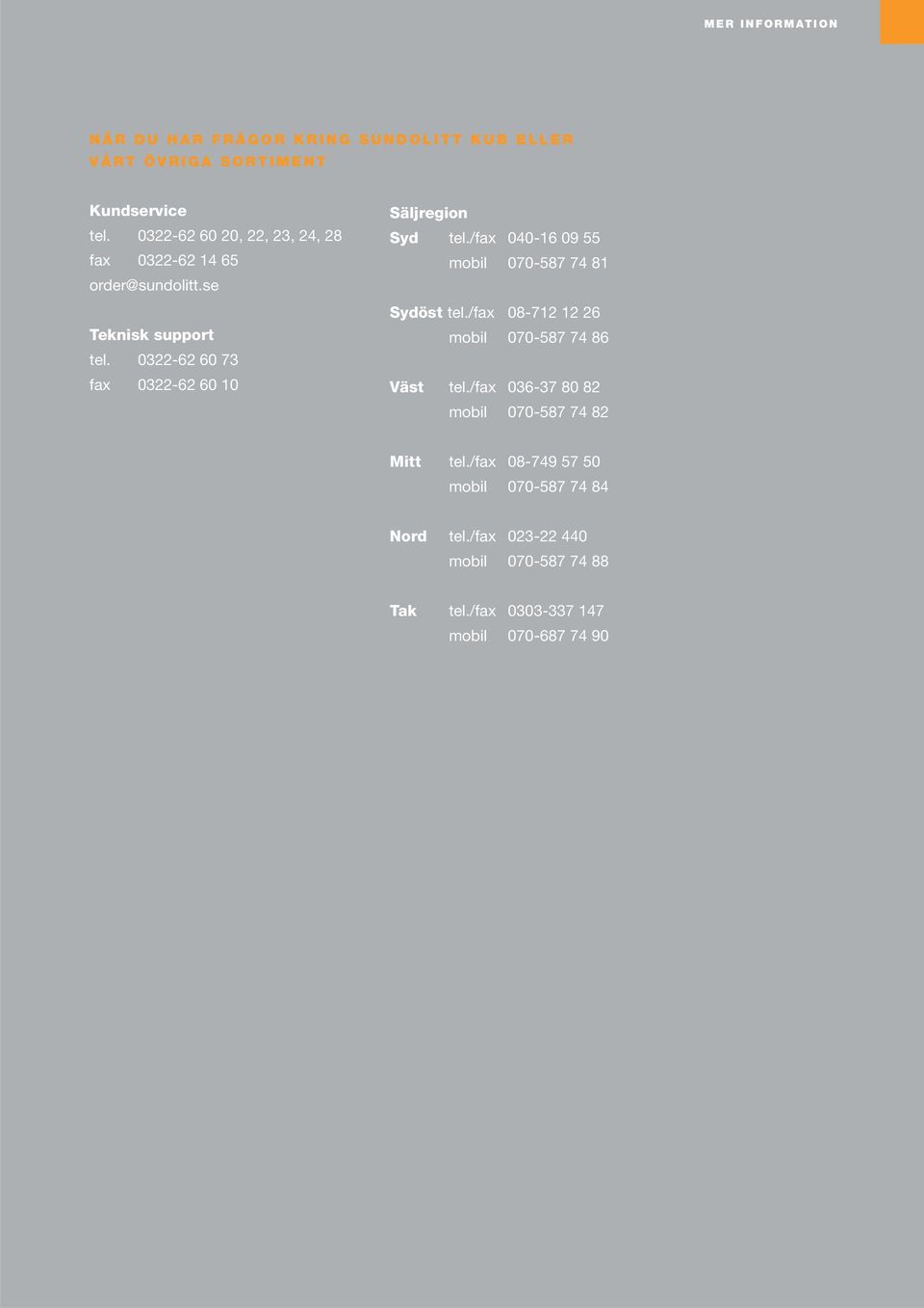 0322-62 60 73 fax 0322-62 60 10 Säljregion Syd tel./fax 040-16 09 55 mobil 070-587 74 81 Sydöst tel.