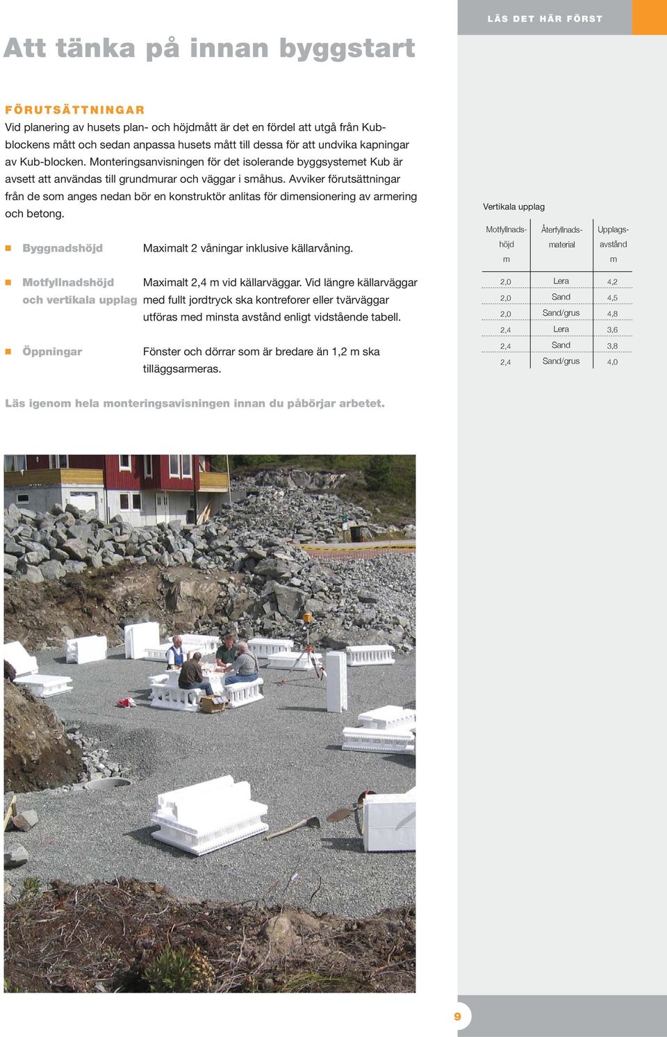 Avviker förutsättningar från de som anges nedan bör en konstruktör anlitas för dimensionering av armering och betong. Byggnadshöjd Maximalt 2 våningar inklusive källarvåning.