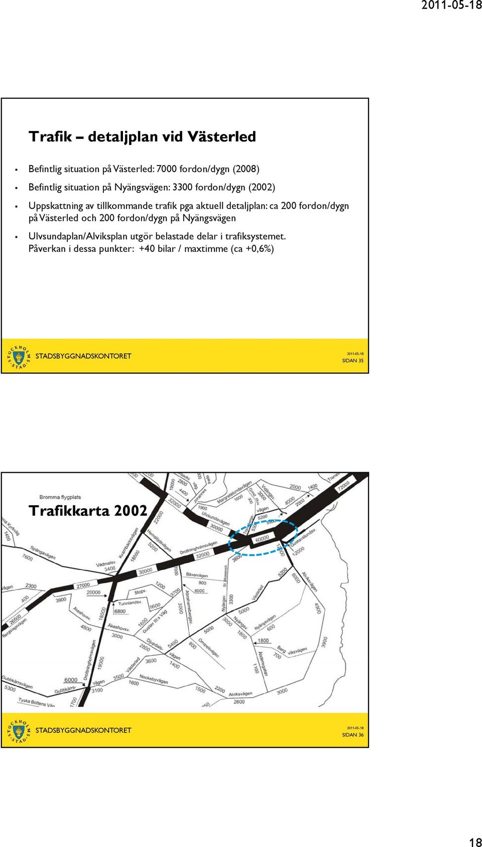 detaljplan: ca 200 fordon/dygn på Västerled och 200 fordon/dygn på Nyängsvägen Ulvsundaplan/Alviksplan utgör