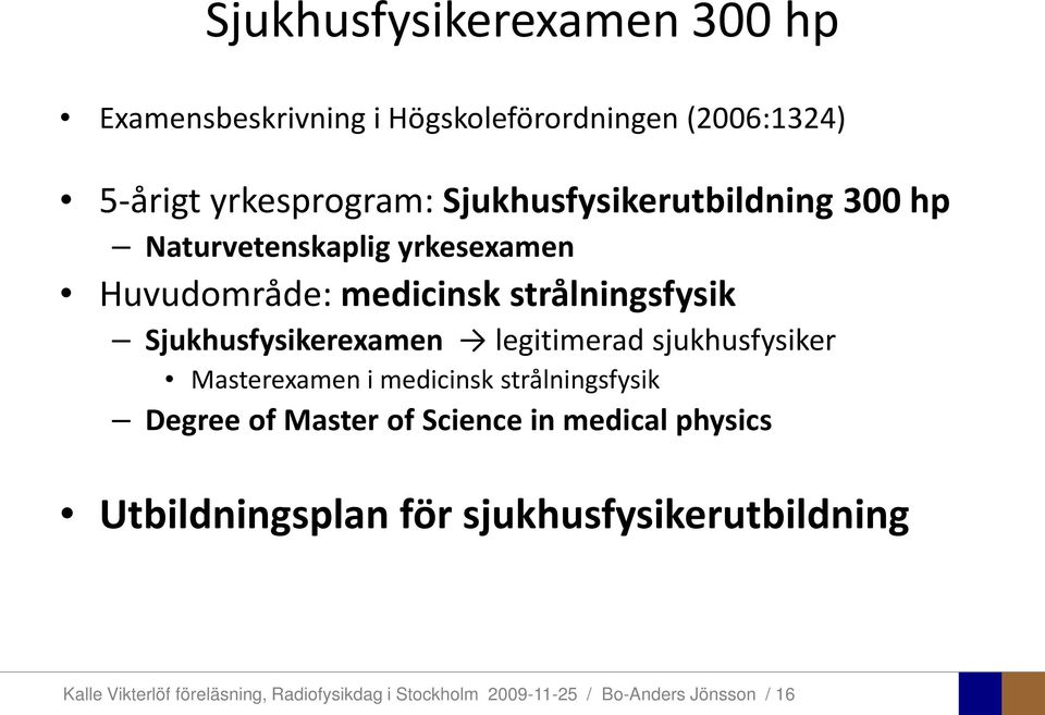 Sjukhusfysikerexamen legitimerad sjukhusfysiker Masterexamen i medicinsk strålningsfysik Degree of Master of Science